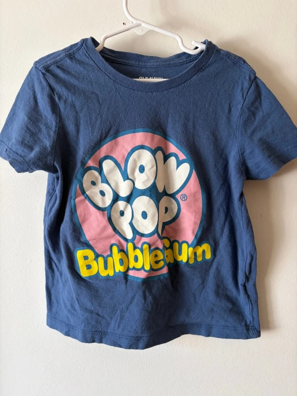 Old Navy Blue Tee with Pink Blow Pop Bubblegum Graphic